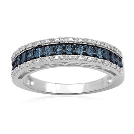 Jewelili Sterling Silver with 1/10 Cttw Miracle Plated Treated Blue and Natural White Round Diamond Anniversary Ring, Size 7
