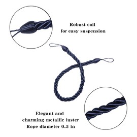 BEL AVENIR Curtain Ropes Tiebacks Tie-Backs Curtain Handmade Holdbacks with 2 Metal Screw Hooks (Navy, 2pack)