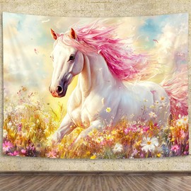 Dizifinn Horse Tapestry, Watercolor Wild Animal Tapestry Wall Hanging, Pink Colorful Flower Tapestry, Wall Art Home Decor for Bedroom Living Room 60X40inch