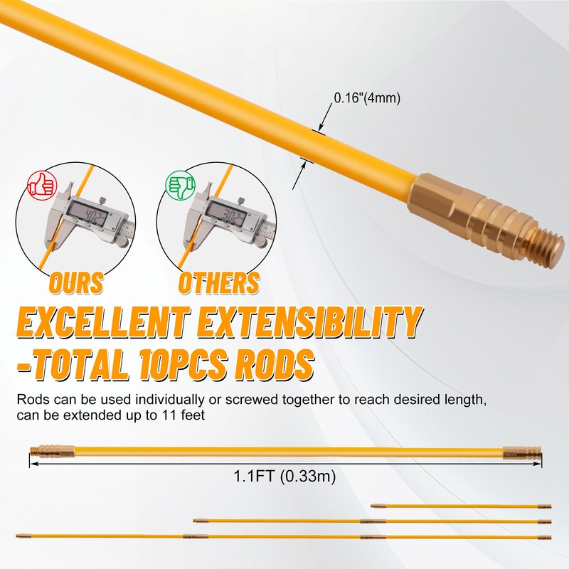 KOOTANS 11FT Fiberglass Running Electrical Wire Cable Glow Rods Wire