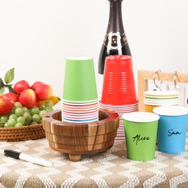 Acacia Wood Cup Holder with Marker Slot, Paper Cup Storage Box Mark Your Cup and Drink Up, Rustic Disposable Cup Dispenser for Party Bar Kitchen Bathroom