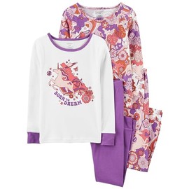 Carter's Girls' 4-Piece Snug Fit Cotton Pajamas PJs (White/Purple/Born To Dream, 5)