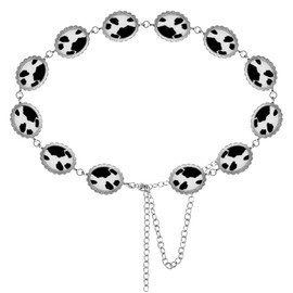 Loetere Cow Print Concho Belts Cow Print Concho Chain Belt Oval Adjustable Metal Waist Leather Cowgirl Belt for Women Dress Jeans Short