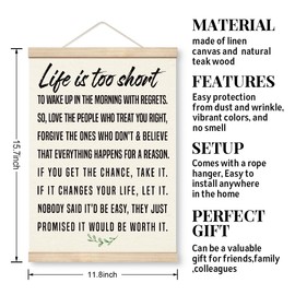 Inspirational Wall Decor, Life is Too Short to Wake Up in The Morning with Regrets - Framed with Wood Hanger, Inspirational Quotes, Motivational Gifts, Canvas Hanging Flag Banner (11.8 * 15.7)