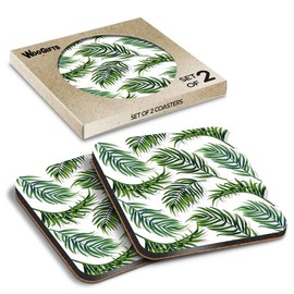2 x Square Coasters - Tropical Green Fern Leaf Pattern Nature Cork Backed MDF Glossy Tea Coffee Accessory #53501