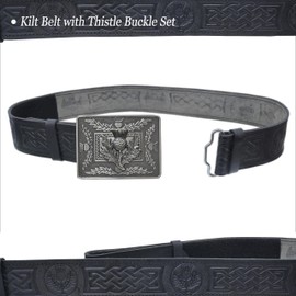 Leather Kilt Belt and Buckle Set, Scottish Thistle Embossed Belt with Silver Antique Celtic Knot Buckles Crafted Pewter – Kilt Belts For Men (Thistle Crest, Silver - Antique, XL, 44-48 Inch)