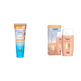 ISDIN Fotoprotector Pediatrics Gel Cream SPF 50+, Protector Solar Corporal 250 ml + Fotoprotector Fusion Water COLOR SPF 50, Protector Solar Facial de fase acuosa, 50ml