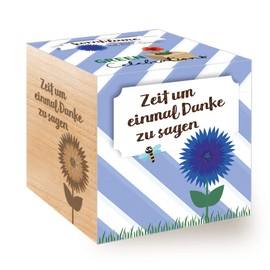 Feel Green Celebrations Eco-Cube, Organic Cornflower Seeds, Wooden Cube with Laser Engraving "Zeit Um Einmal Danke Zu Sagen", Sustainable Gift Idea, Growing Set, Made in Austria, German Language