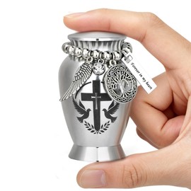 Anbanglin Small Cremation Urns for Human or Pet Ashes, Mini Metal Sharing Keepsake Urn for Adults, Sleek Silver Decorative Funeral Memorial Urn with Engraved Cross, Tree of Life & Angel Wing Charm