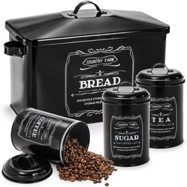 yarlung Metal Bread Box with 3 Kitchen Canisters Set, Large Black Farmhouse Bread Tin for Kitchen Countertop, Coffee Tea Sugar Canister with Airtight Lid for Pantry Organizer Home Storage