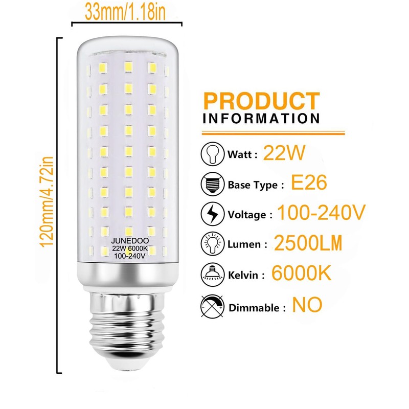 JUNEDOO E26 LED Light Bulbs 22W, 6000K Daylight White,Edison Screw