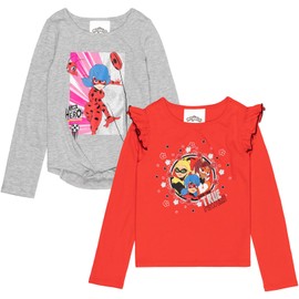 Miraculous Ladybug Cat Noir Rena Rouge Big Girls 2 Pack Ruffle T-Shirts Gray/Red 10-12