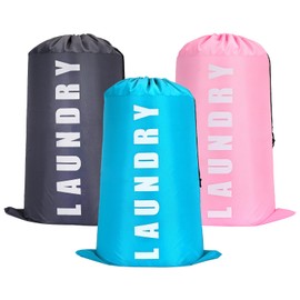 VEGCOO 3 Pack Large Laundry Bags, 24" x 36" Travel Laundry Bags with Drawstring, Portable Dirty Clothes Bags for Home, Travel, Bathroom, Camping, Dormitory (Pink&Blue&Grey)