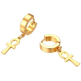 Flongo Women's Earrings Stainless Steel Creolon Rubber Fake Tunnel Screw Stud with Cross Crucifix Chain Pendant Earrings Gothic Punk for Women Men Black Silver Gold Set, Stainless Steel