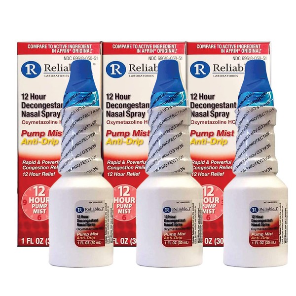 Reliable-1 Laboratories Nasal Spray 12 Hour Relief Nasal Decongestant | Rapid and Powerful Sinus Relief Nose Spray | Pump Mist Anti Drip Congestion Relief | Oxymetazoline HCI | 1 Fl Oz, 3-Pack