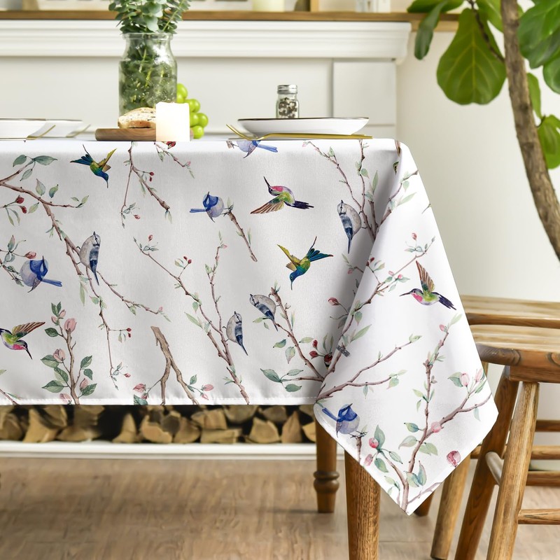 Horaldaily Spring Summer Tablecloth 52x70 Inch Rectangular, Birds Branch Floral