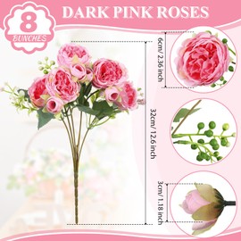 Crowye 8 Bundles Artificial Peonies Realistic Flowers with Stems Bouquet Peonies for Table Centerpieces Wedding Decoration Bridal Floral Arrangement (Dark Pink)