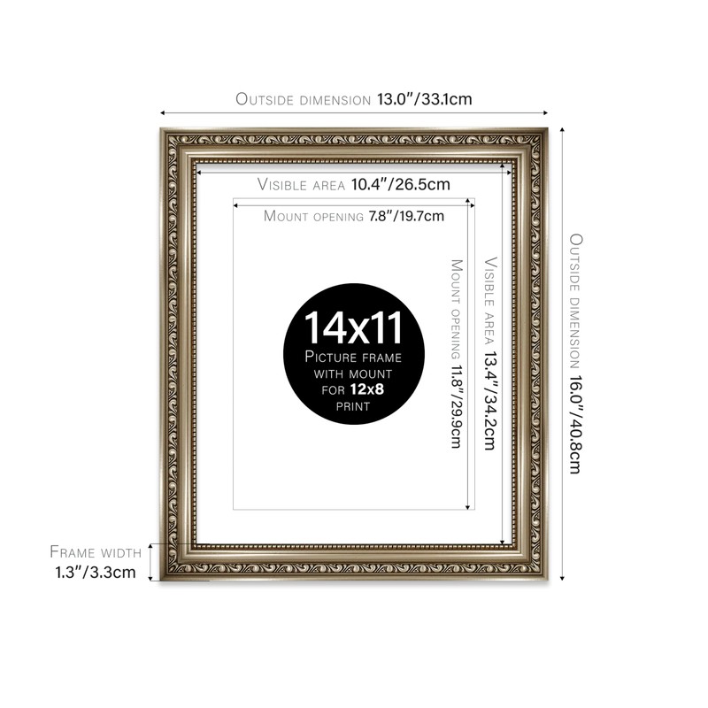 14x11 Gunmetal Ornate Photo Frame With White Mat For 12x8