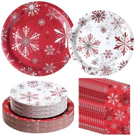 200Pcs Christmas Holiday Snowflake Paper Plates and Napkins Serve 50, Disposable Red White Winter Snowflake Plates Tableware Party Supplies for Christmas Xmas Winter Holiday New Year Party Decorations