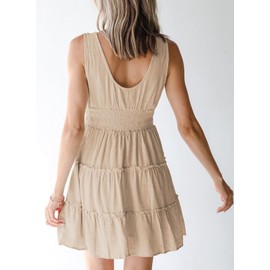 Dokotoo Beach Vacation Clothes for Women Summer Sleeveless Button Down Smocked Elastic Waist Ruffle Tiered Casual Swing Mini Hawaiian Dresses Shorts Dress Cover Up Tank Dress Sundress Apricot Small