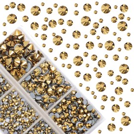 4000Pcs Mixed Size Hot Fix Round Crystals Gems Glass Stones Hotfix Flat Back Rhinestones (Mine Gold)