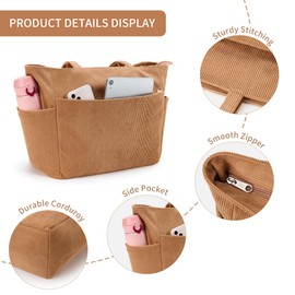KALIDI Corduroy Tote Bag With Zip Large Tote Bag Cord Brown Tote Bag For Women School Work College Uni