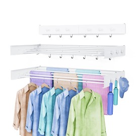 Drying Rack Clothing,Clothes Drying Rack Wall Mounted,Laundry Drying Rack Wall Mount,Foldable,Collapsible,60 lb Capacity 5 Aluminium Poles with 12 Hooks,Space Saving Clothes Drying Rack,White 40"