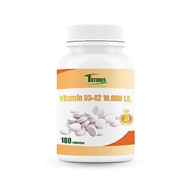 FUTURES NUTRITION 10000 IU Vitamin D3 K2 High Dose Vegan Best Organic Availability with 99.7+% All-Trans Content Only 1 Tablet Every 10 Days Laboratory Tested Purity 180 Tablets