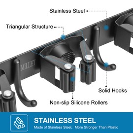 IMILLET Broom and Mop Holder Wall Mounted, Stainless Steel Broom Organizer Heavy Duty Tools Organizer Self Adhesive Mop Holder for Home Laundry Room Garage Garden (4 Racks and 5 Hooks)