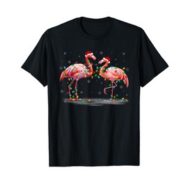 Xmas Lights Santa Hat Flamingo Christmas Pajamas T-Shirt