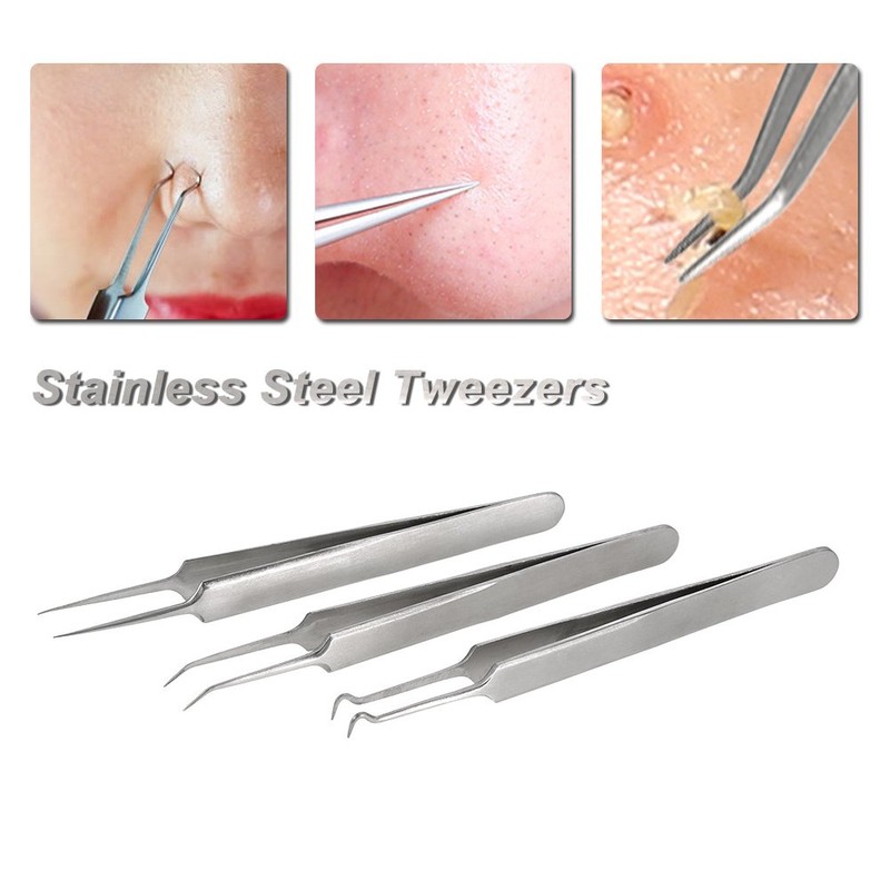 3pcs Acne Clip Facial Pimple Comedone Nippers Curved Straight Blackhead