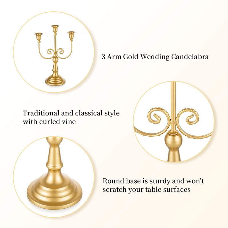 Romadedi Candelabra Gold Candle Holders - 3 Arm 11.8" Wedding