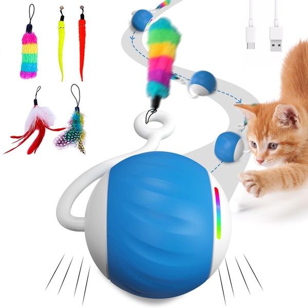 WAKHJAKT Interactive Cat Toys for Indoor Cats, DIY 5 in 1 Automatic Moving Cat Ball Toys/Puppies Toys with LED Rainbow Lights, Smart Sounds&Touch Control Cat Toys,USB Rechargeable (Blue)