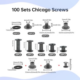 KUKUJIWA 100 Sets Chicago Screw Posts, M5 x 4/6/8/10/15 mm Screw Rivets for Leather, Kit 5 Sizes Metal Accessories Nails Rivets Chicago Button for Belt Bags DIY (Black Glossy)