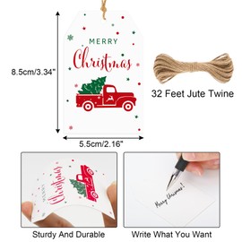jijAcraft Christmas Gift Tags with String, 50 Pcs Merry Christmas Name Tags Car with Chritmas Tree Tags Happy Holiday Gift Tags for Gift Wrapping Label Name Present DIY Holiday Xmas Decoration