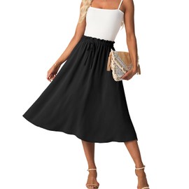 FREEOAK Petite Women's High Waisted A-Line Midi Skirt Summer Beach Vacation Flowy Casual Skirt with Pockets S Black