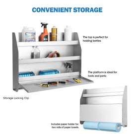 Wall-Mounted Aluminum Storage Cabinet with Flip-Out Work Table & Paper Towel Rack Organizer, Space-Saving Tool Cabinet Design, Perfect for Garage, Shop, and Trailer Use, Silver
