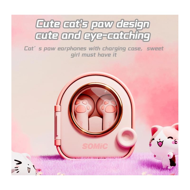 Cute Cat Claw Bluetooth5.4 Earphones, Wireless Earphones with 0.06s Low