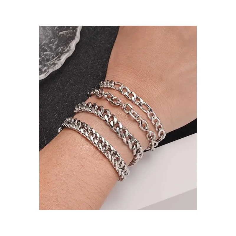 8Pcs Chain Bracelet Stainless Steel Curb Width Rope Figaro Cuban