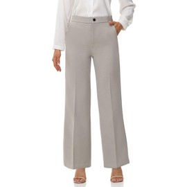 Soojun Women's Flat Front Wide Leg Pants Business Casual Trousers Office, Cobblestone, 4 Tall