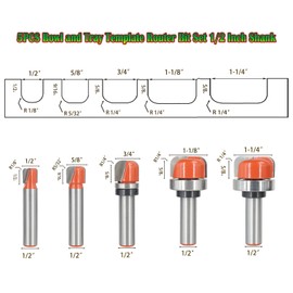 Sinoprotools 5PCS Bowl & Tray Template Router Bit Set 1/2 Inch Shank, Carbide Tipped Circle Round Nose Cutting Cove Juice Groove Router Bit, Ideal for Making Wood Bowls, Trays, Boxes, Board Troughs