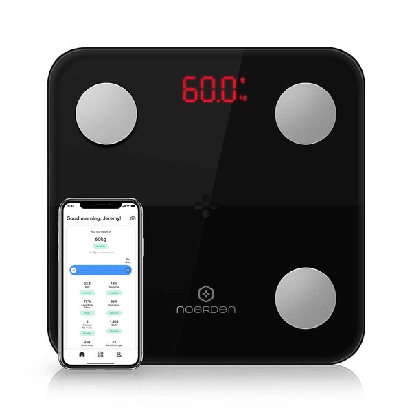 NOERDEN - Smart Body Scale Minimi - Scale for Body Weight with Step-On Technology, Bluetooth, LED Display, Tempered Glass, BIA Advanced Technology, 4 Precision Sensors - 9 Biometrics Analysis - Black