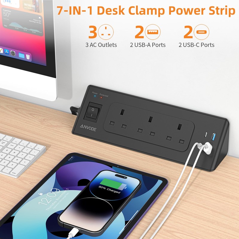 Desk Power Socket with USB C，ANVODE 3 Way Plug Extension
