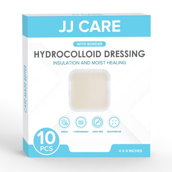 JJ CARE Hydrocolloid Dressing 4x4 [Pack 10], Large Hydrocolloid Bandages with Border, Self-Adhesive Thin Hydrocolloid Wound Dressing, Wound Care Bandages for Bedsores and Blisters
