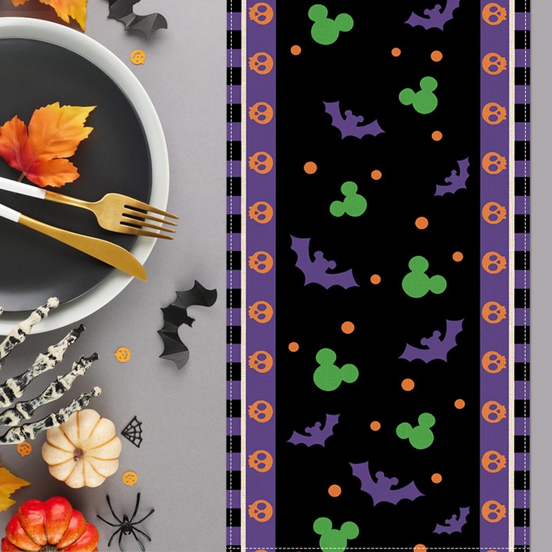 Halloween Bat Table Runner, Black Purple Skull Polka Dot Kitchen