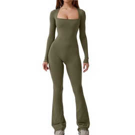 QINSEN Women's Long Sleeve Wide Led Jumpsuit Seamless Long Pants Bodysuit Romper Olive Green L