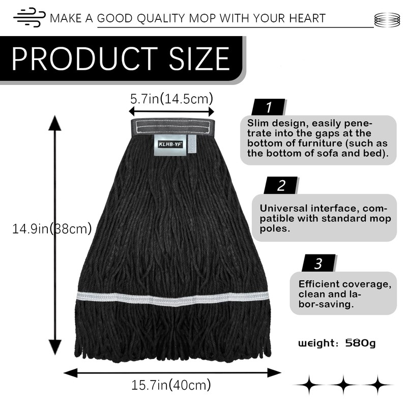 KLHB-YF 21 Oz Black Cotton Mop Head Replacement Heavy Duty