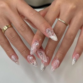 Almond French Press on Nails 24 PCS Glossy Bow-knot False Nails Heart False Nails with Nails Art Design for Women and Girls Daily Decoration