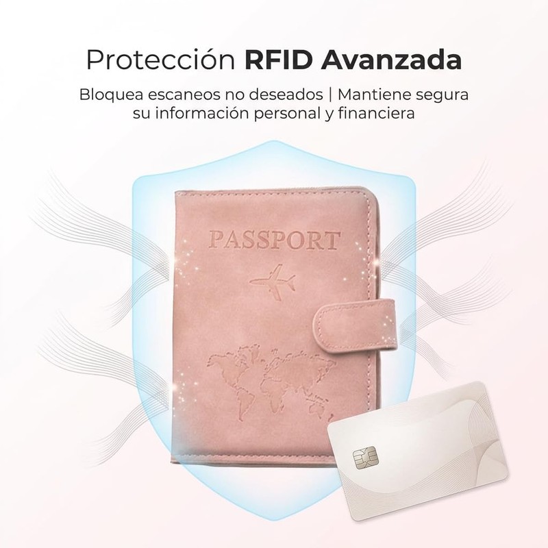 Porta Pasaporte Rosa, con Bloqueo RFID, Cuero PU Impermeable