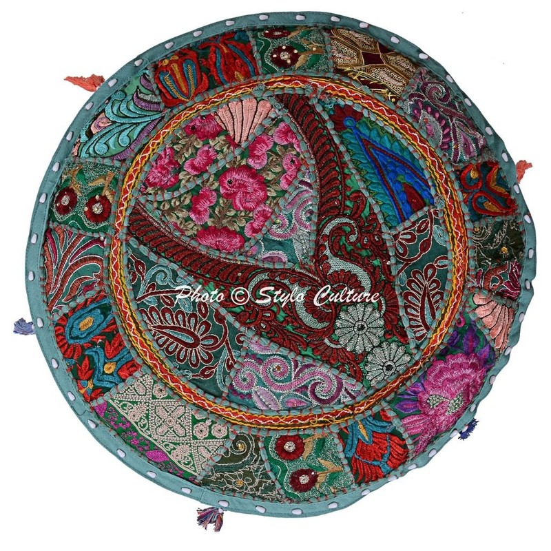 Stylo Culture Cotton Patchwork Embroidered Ottoman Stool Pouf Cover Green